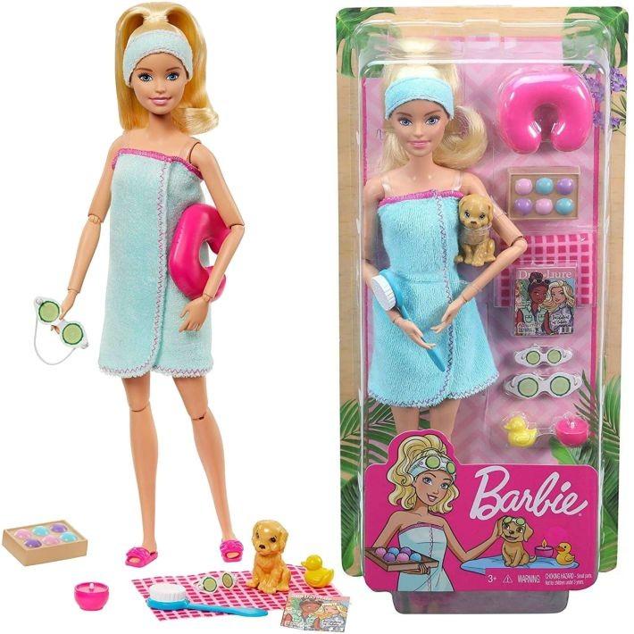 GJG55 Barbie Spa Doll, Blonde, with Puppy and 9 MATTEL SPA procedūras Blondīne - can deliver - 1