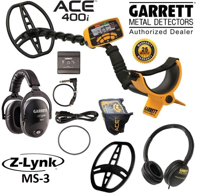 Garrett Ace 400i Metal Detector GARRETT 1141560 With Z-lynk 1627720 MS-3 GARRETT Wireless Audio Sys 