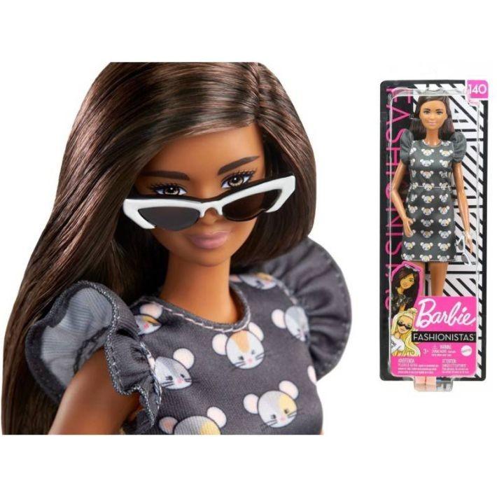 GHW54 Barbie Fashionistas Doll with Long Brunette Hair Wearing Mouse-Print Dress MATTEL brand new