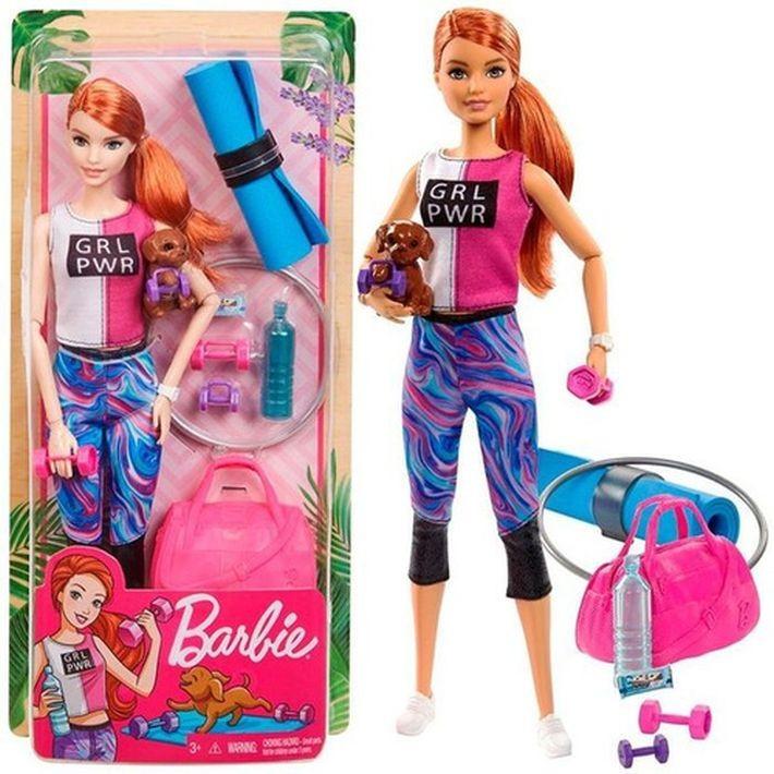 GJG57 Barbie Fitness Doll, Red-Haired, with Puppy and 9 MATTEL Relax , Fitness - 1